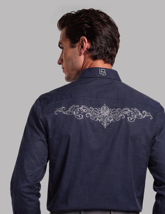 Navy Shirt with Ornamental Embroidery