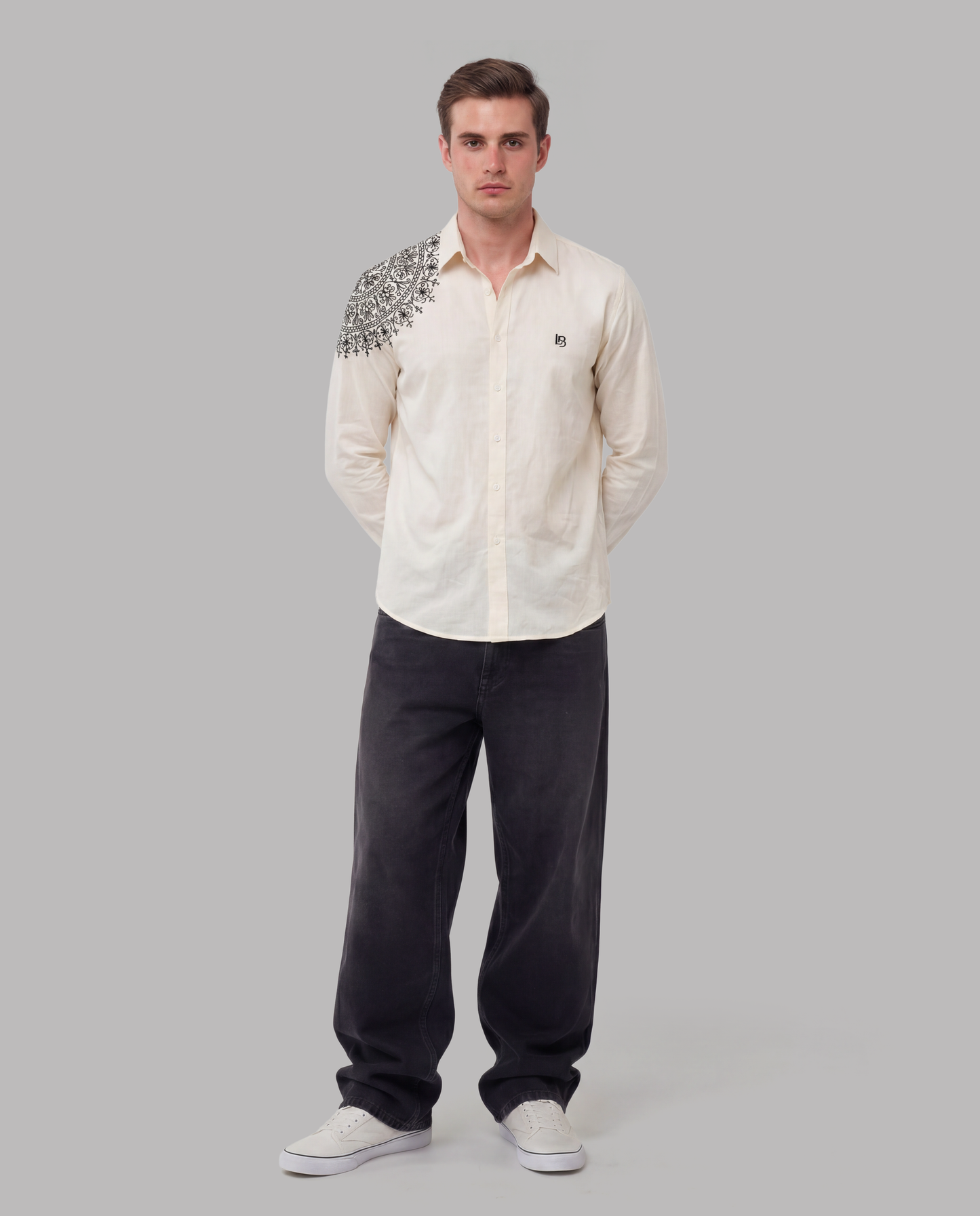 Beige Shirt with Mandala Embroidery