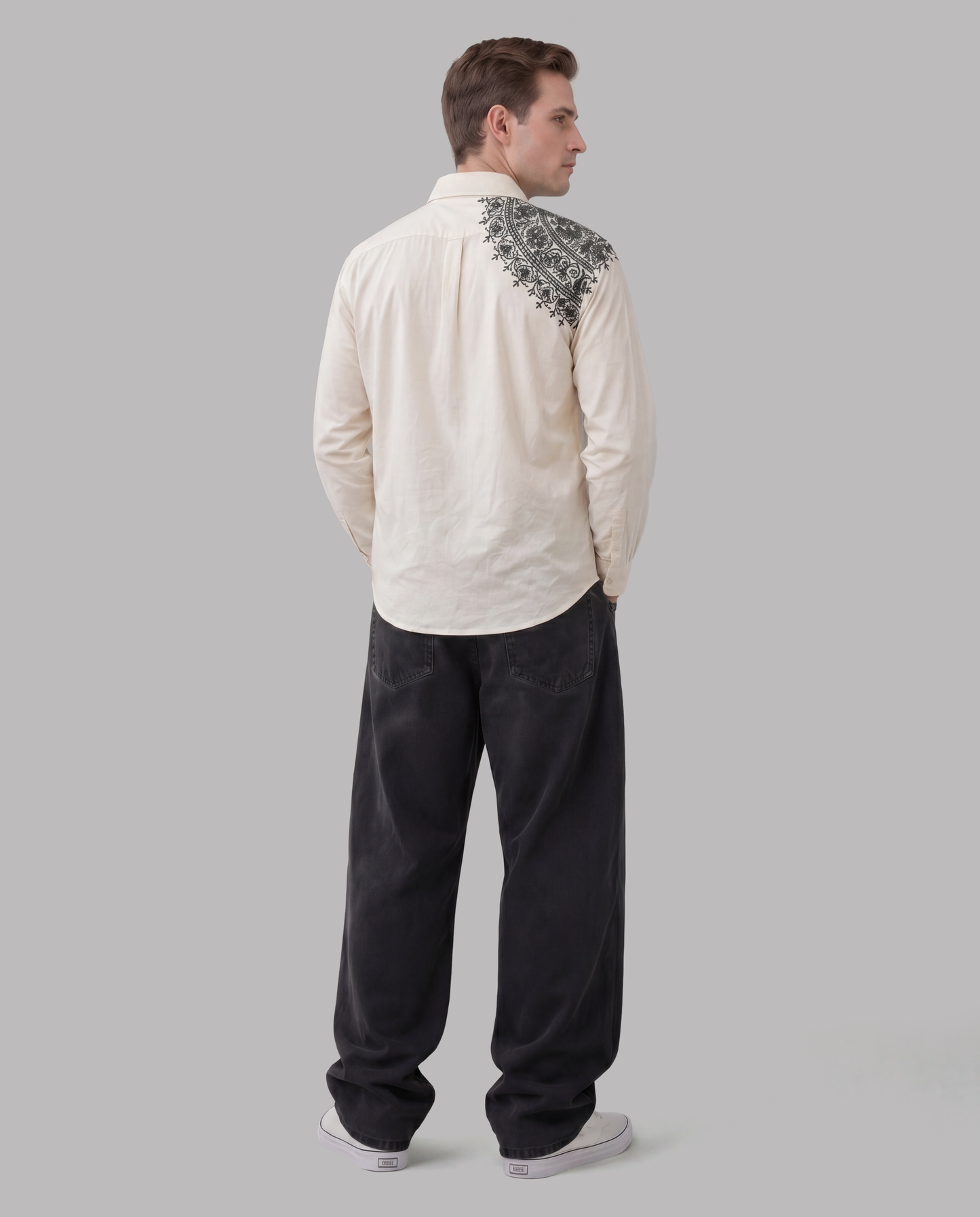 Beige Shirt with Mandala Embroidery