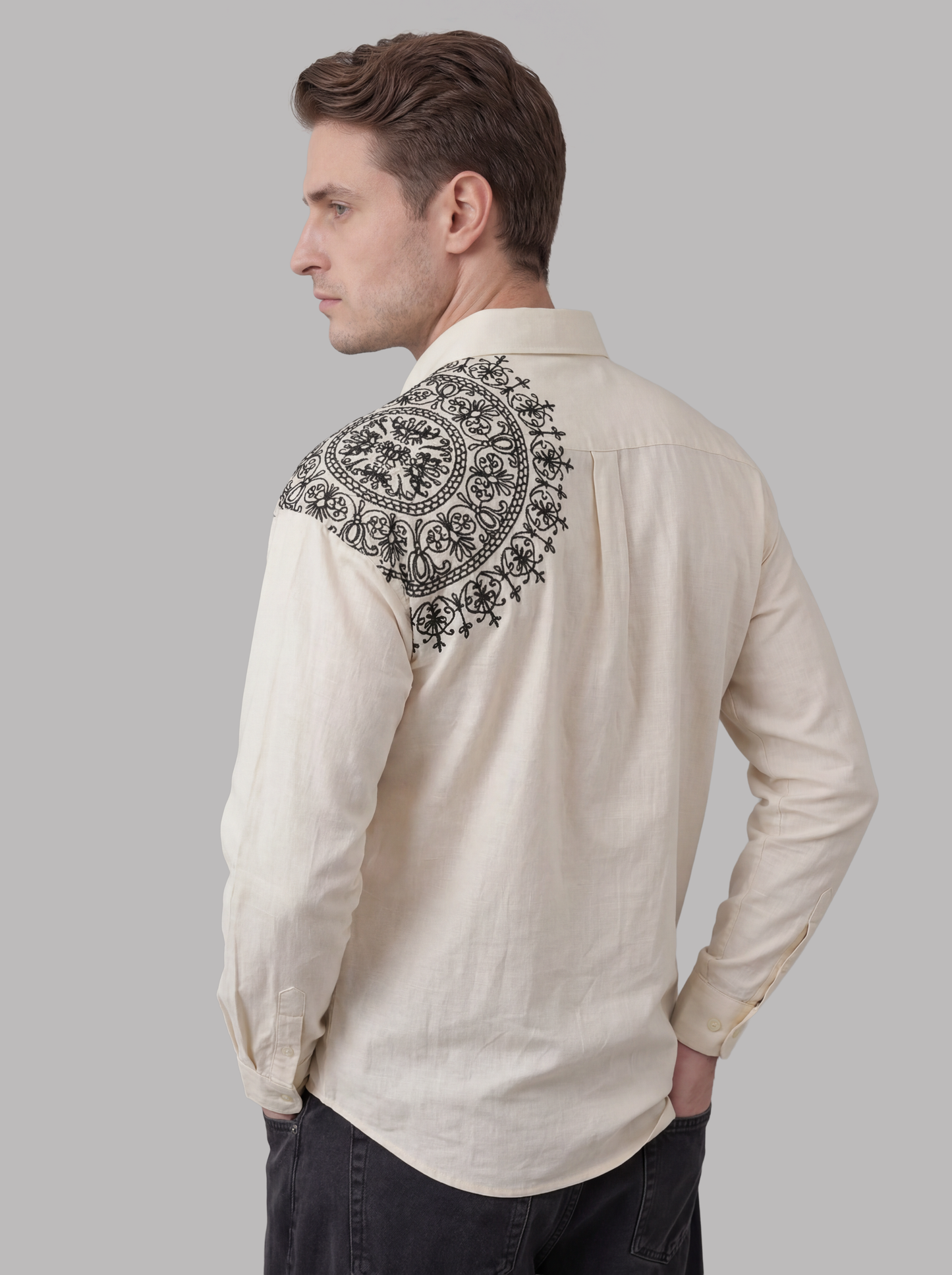 Beige Shirt with Mandala Embroidery