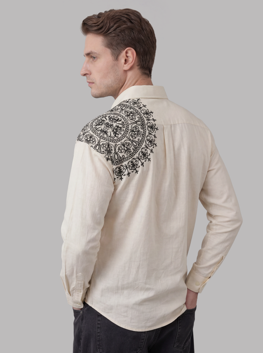 Beige Shirt with Mandala Embroidery