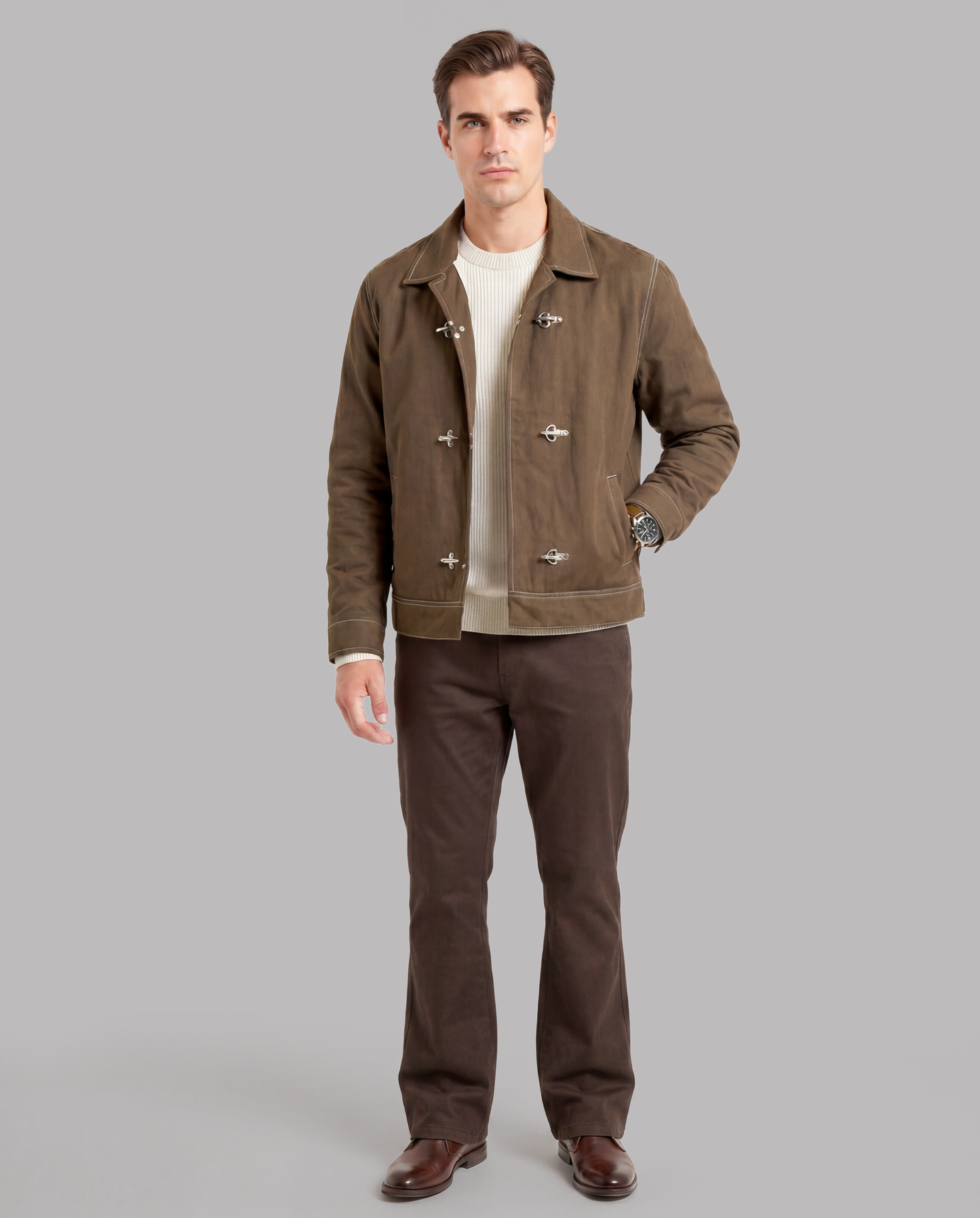 Olive Suede Jacket with Toggle Closure