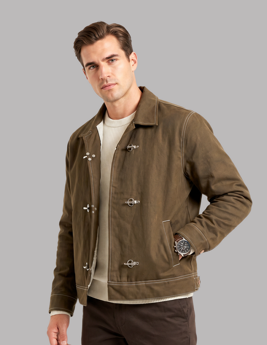 Olive Suede Jacket with Toggle Closure