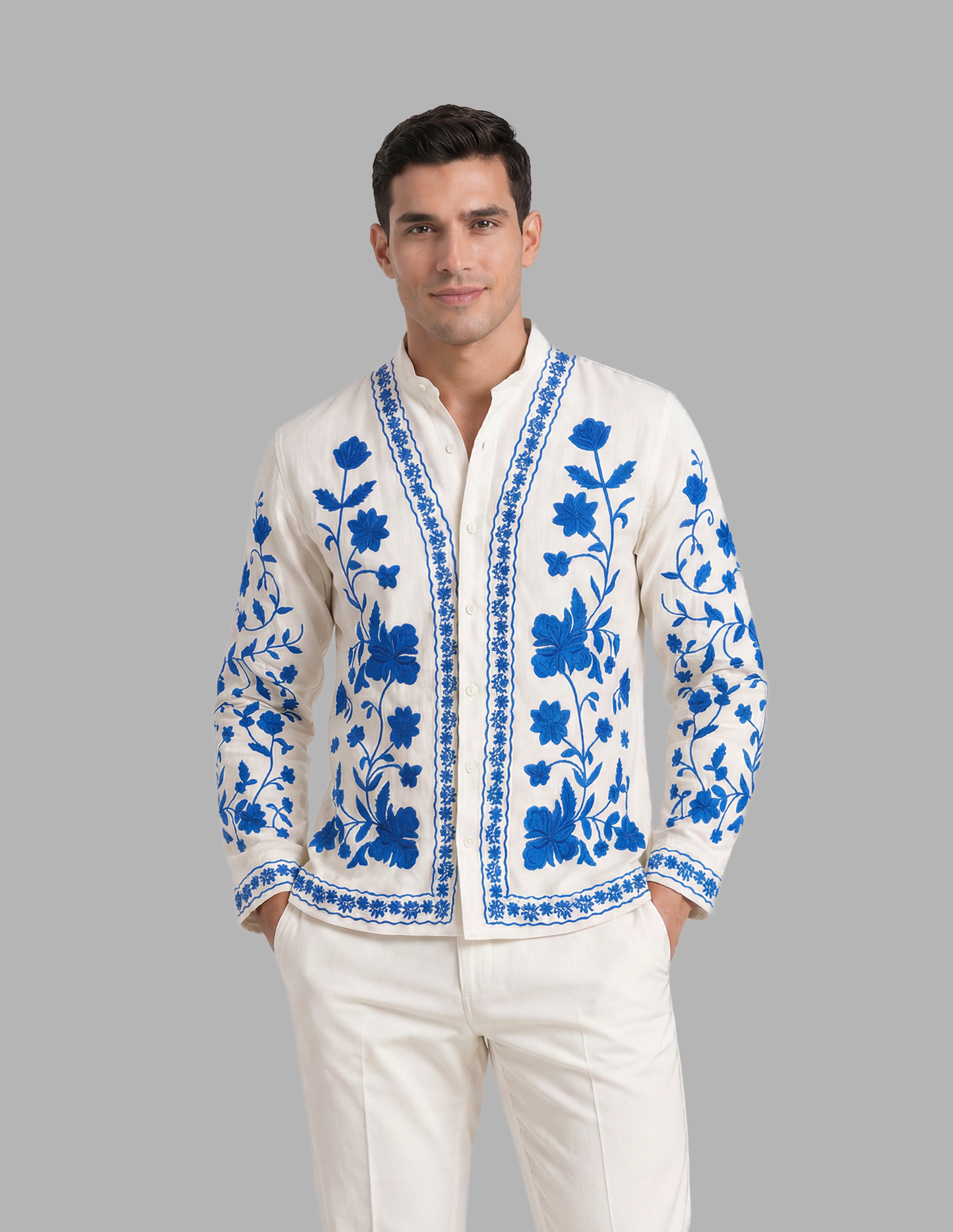Off-White Shirt with Floral Embroidery