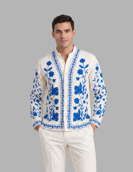 Off-White Shirt with Floral Embroidery