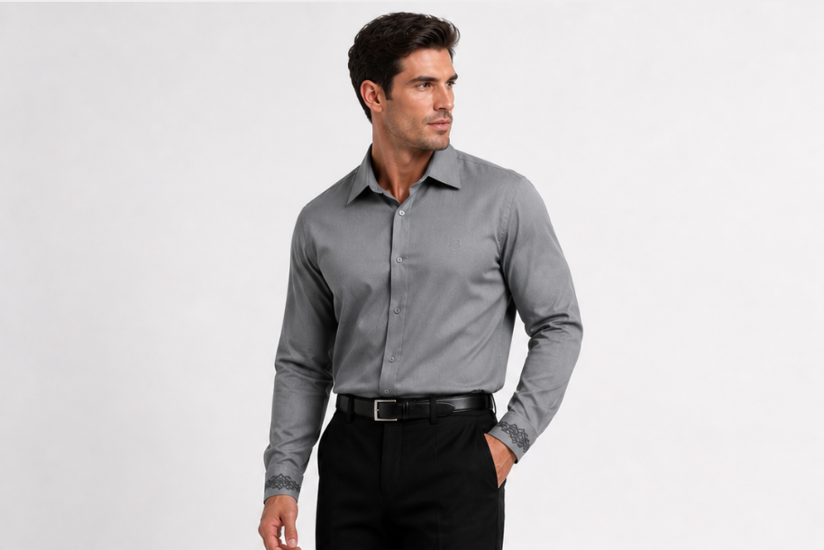 Grey Shirt With Ornamental Embroidery