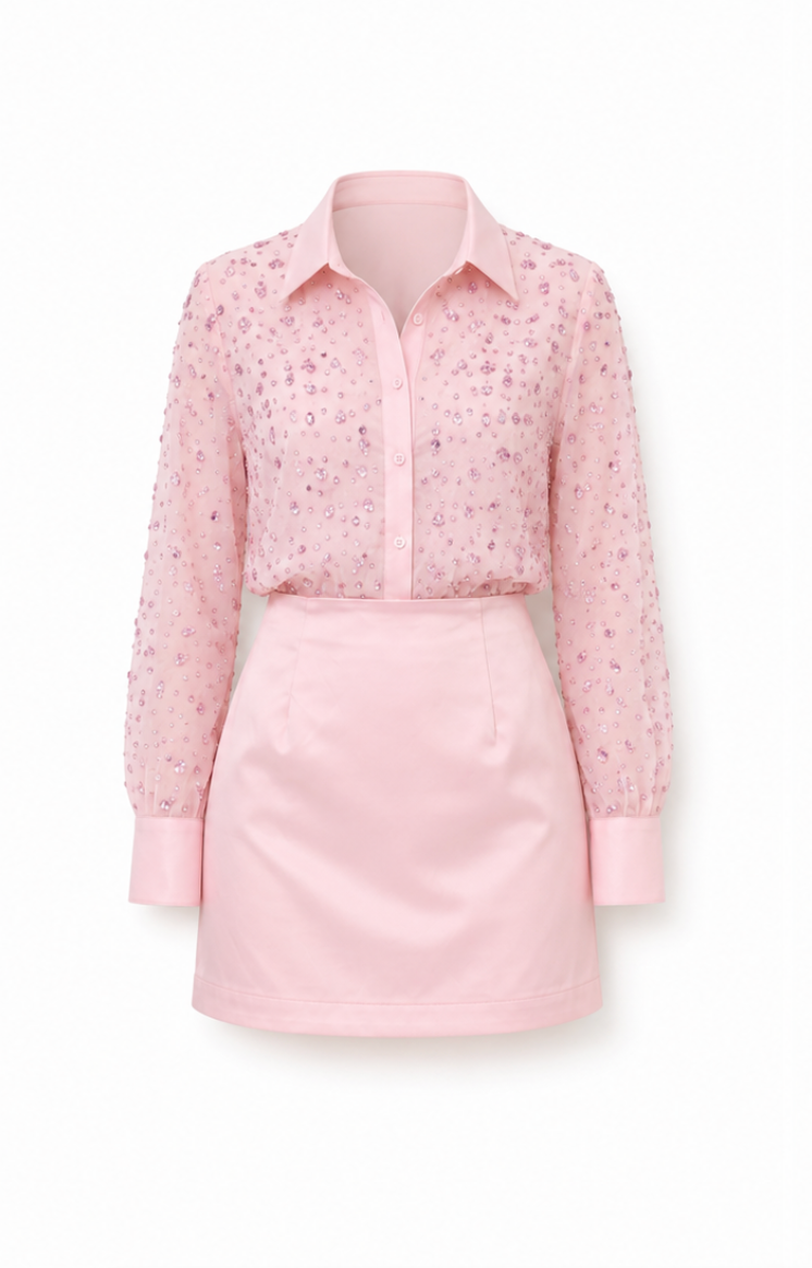 Blush Embellished Shirt & Skirt Set