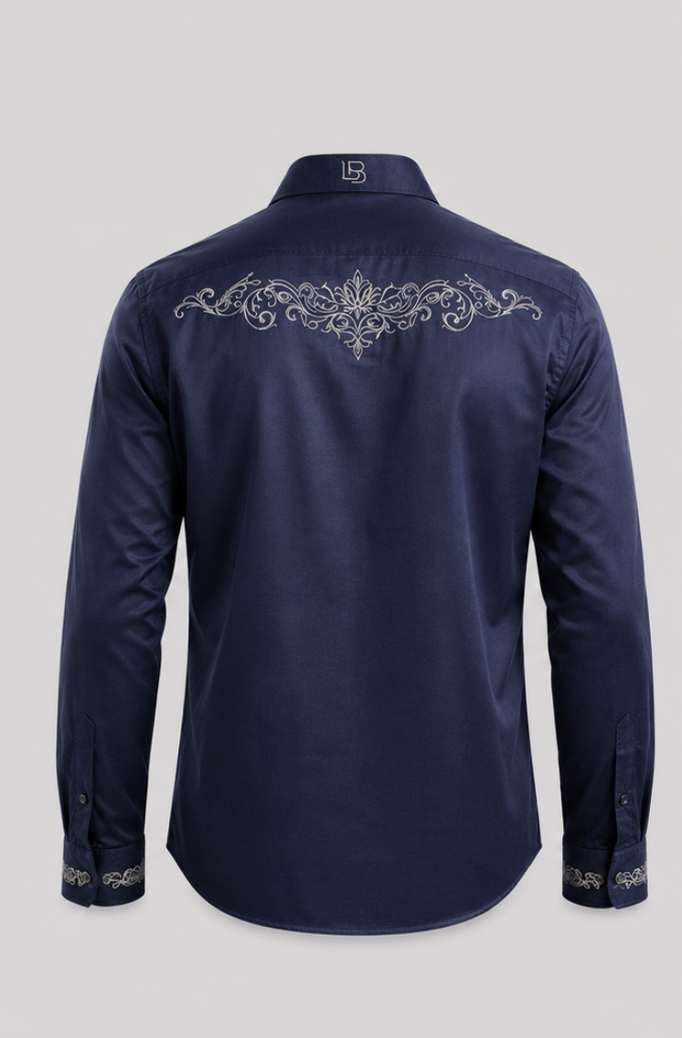Navy Shirt with Ornamental Embroidery
