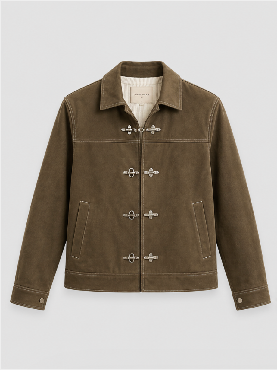 Olive Suede Jacket with Toggle Closure