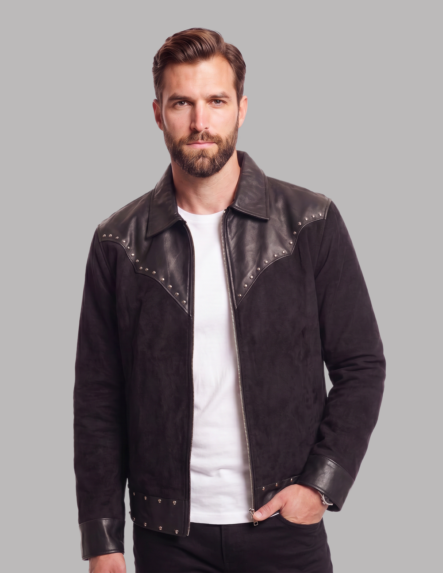 Black Leather Jacket with Stud Detail