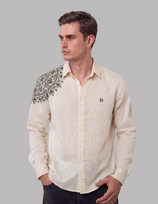 Beige Shirt with Mandala Embroidery