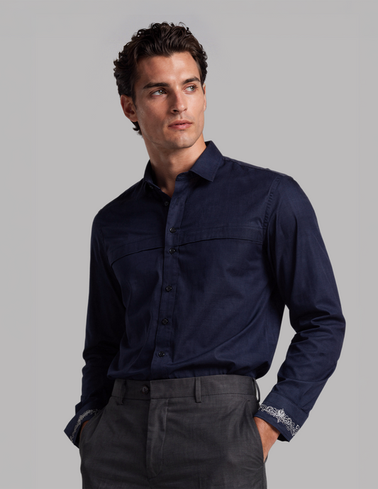 Navy Shirt with Ornamental Embroidery