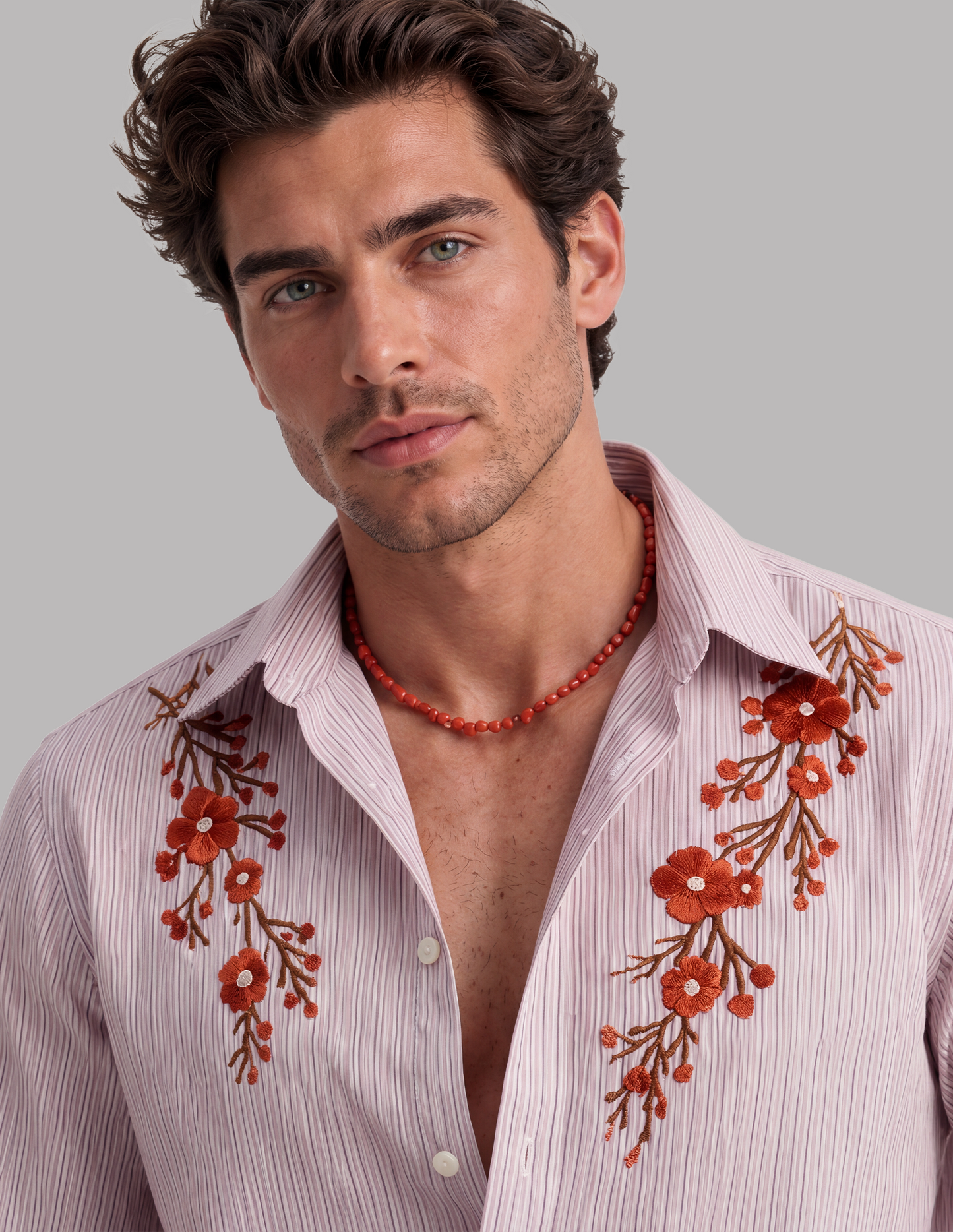 Striped Shirt with Floral Embroidery
